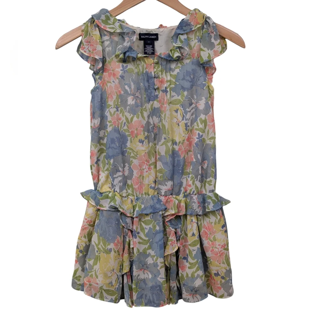 Ralph Lauren Chiffon Dress Watercolor Floral Ruffle Flutter Sleeve Cottagecore 7